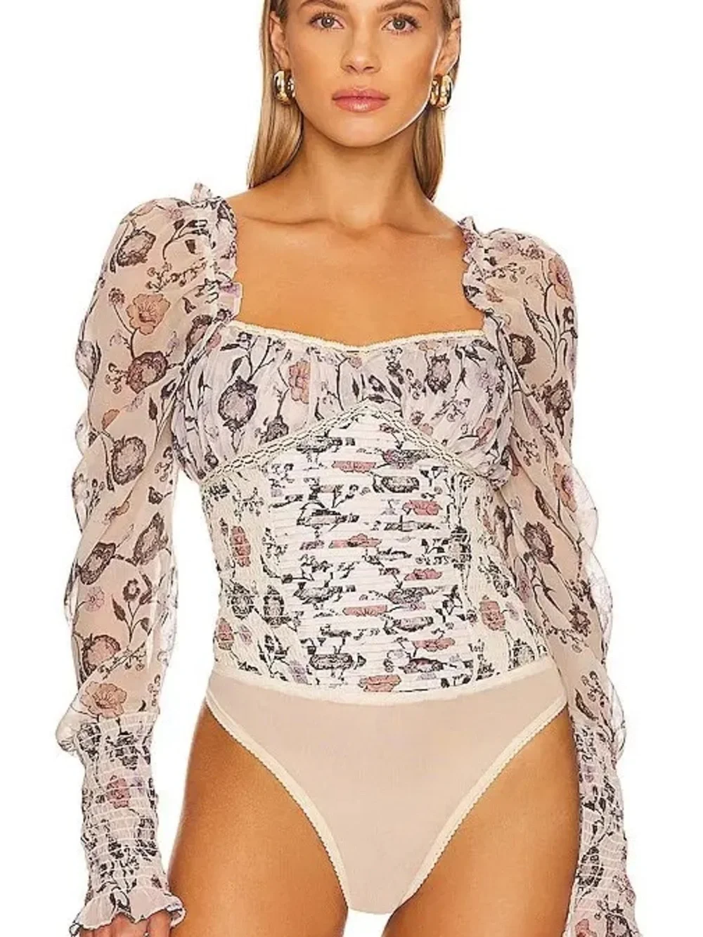 Free People Cream Floral Square-Neck Ruched Long Sleeve Top